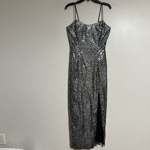 Vintage 90s ET AL Made In‎ USA Sequin Formal Dress Size 10 Silver Side Slit